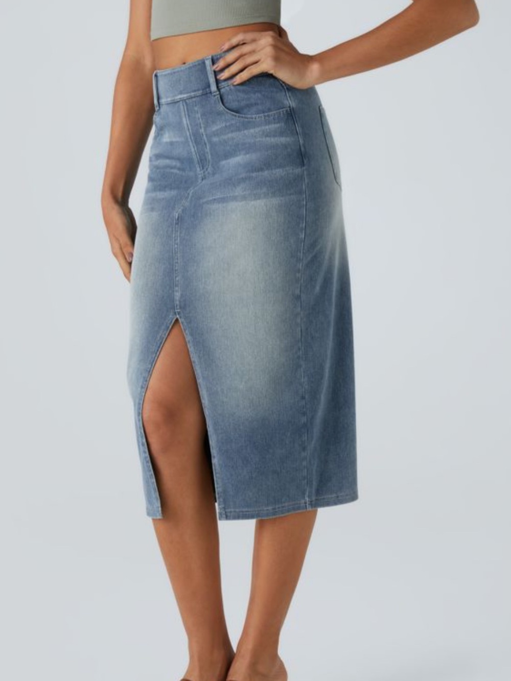 Halara Flex High Waisted Medium Wash Denim Midi Skirt